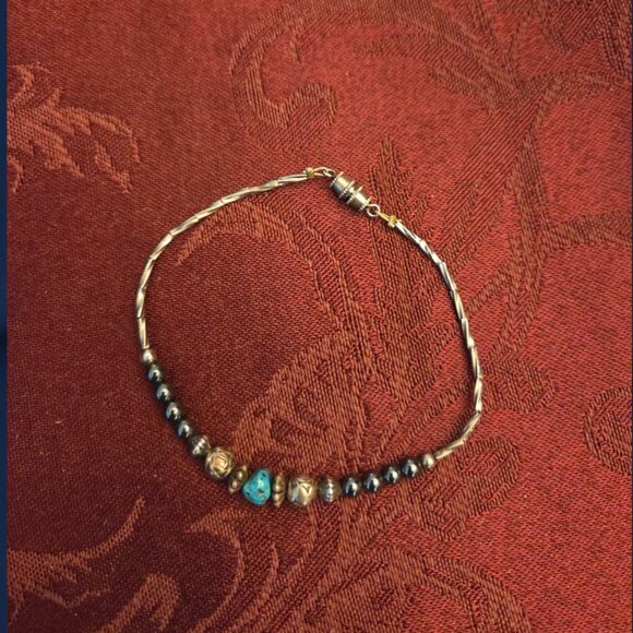 Vintage Southwestern Sterling Silver Bracelet w/ Turquoise & Hematite - Picture 1 of 4